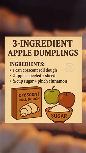 🍏✨ 3-Ingredient Apple Dumplings 😍Golden, sweet, & ready in 25 mins!🛒 You’ll Need:• 1 can crescent roll dough• 2 apples (sliced)• ½ cup sugar cinnamon👩‍🍳 Quick Steps:1️⃣ Wrap apple slices in dough2️⃣ Sprinkle sugar cinnamon3️⃣ Bake 350°F → 20–25 mins🍨 Serve warm with ice cream = HEAVEN! 💛📌 Save this easy fall favorite!#AppleDumplings #3IngredientRecipe #EasyDesserts #ReelRecipe #CozyEats | Budget Family Recipes