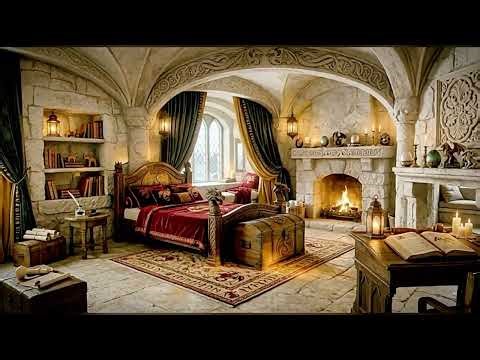 Cozy Castle Bedroom ASMR 🏰 Fireplace & Medieval Music for Relaxation, Sleep & Study