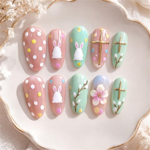 Pastel Easter Bunny Nails with Polka Dots, Florals and Gold Cross Accents, Cute Spring Almond Manicure in Soft Candy Colors