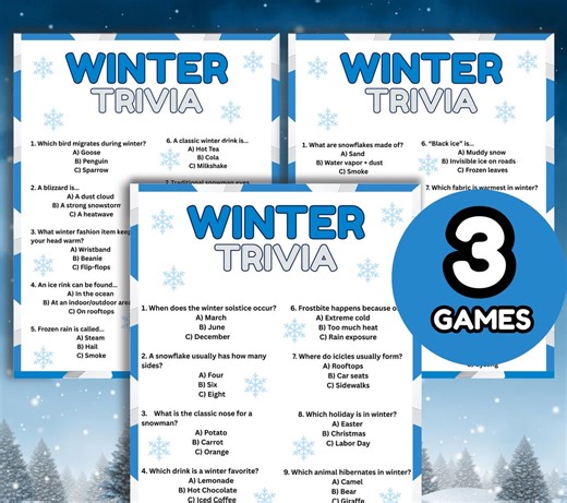 Winter Trivia Game Printable Party Games Office Family Holiday Xmas Trivia Questions With Answers - Etsy