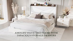 Amolife Full Size Storage Bed Frame with Charging Station & 3 Drawers, Velvet Platform Bed with Upholstered Wingback Headboard, White