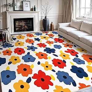 ASPMIZ 8x10 Area Rugs Clearance, Floral Living Room Rug, Spring Flower Rugs for Bedroom, Colorful Washable Rug Non Slip, Farmhouse Area Rugs Non Shedding, Low Pile Carpet for Dinning Room, White