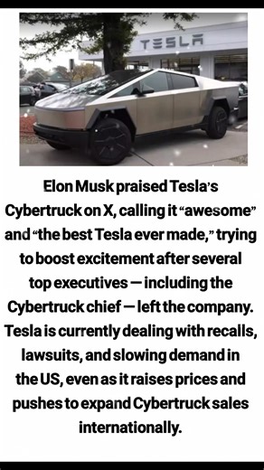 Elon Musk praised Tesla’s Cybertruck on X, calling it “awesome” and “the best Tesla ever made,” trying to boost excitement after several top executives — including the Cybertruck chief — left the company. Tesla is currently dealing with recalls, lawsuits, and slowing demand in the US, even as it raises prices and pushes to expand Cybertruck sales internationally. | NeuroNexa