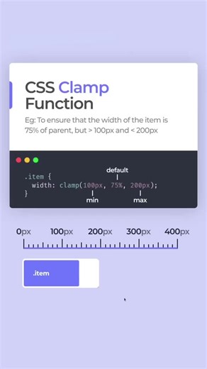 💬clamp is a function in CSS which claps a given value (default) between the minimumand maximum Essentially, this example can be written as follows: width: min(100px, max(75%, 200px)) But the clamp function is much cleaner, easy to read and shorter🤩 Have you used this function before? Share your thoughts in the comments below🔥