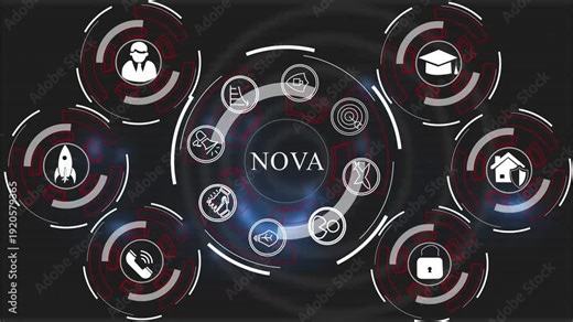 NOVA Navigation System Technology on Dark Background with Glowing Neon Lights Representing Business Finance and Cyber Security Concepts, Advanced Digital Control Interface, AI Powered Navigation Data,