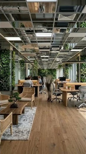 Biophilic office design integrating vertical indoor gardens and natural light flow