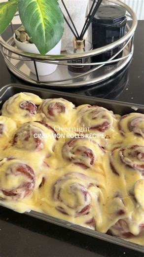 So ooey gooey ! Overnight Cinnamon Rolls Recipe : Makes 12 large rolls Tangzhong: • 20g bread flour • 100g milk Cook over medium-low heat, stirring constantly until a thick paste forms. Cool completely. Dough: • Tangzhong • 140g warm milk • 5g instant yeast • 67g sugar • 2 eggs • 2 tsp vanilla • 113g unsalted butter, softened • 1 tsp salt • 500g bread flour Filling: • 113g softened butter • 200g brown sugar • 2 tbsp cinnamon • ½ tsp salt • ¼ tsp nutmeg (optional) Method: \t1.\tMix tangzhong, mil