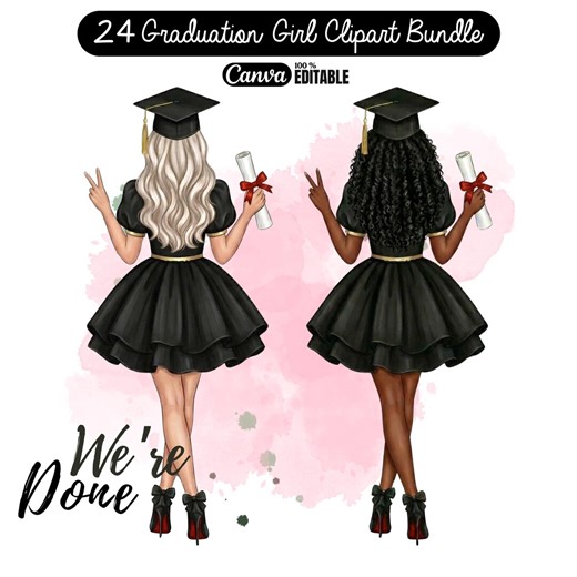 Graduation Black & White Girl PNG Bundle, Graduate Girls Clipart, 300 DPI, Canva Editable - Etsy