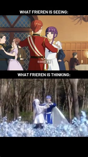 Watching Fern and Stark share that dance while Frieren looks on is such a bittersweet parallel. It’s a painful reminder that while she’s teaching them how to live, she’s also mourning the life she didn't realize she wanted until it was gone. She’s witnessing the very kind of 'boring' human connection she once took for granted with Himmel, only now she’s a lifetime too late to join the dance. #Anime #Frieren #AnimeEdit #FrierenBeyondJourneysEnd #SousouNoFrieren | Rinne yt