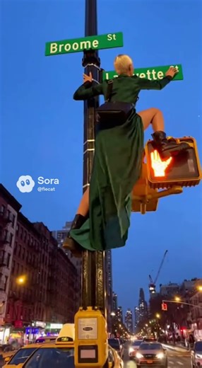 model climbs the signals as a advertisement #fashion #model #newyork #signal #green #dress #road