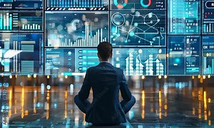 Exploring data insights from a futuristic dashboard in a high-tech office