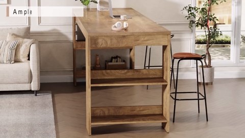 Finmind 63-inch Bar Table, Farmhouse Counter Height Pub Table with Storage Shelves, High Top Bar Unit for Kitchen, Dining Room, Rustic Brown