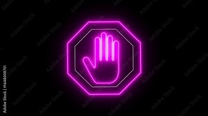 Neon line blinking Stop hand sign animation. Stop flashing. Do not enter stop red sign with hand animation. Prohibition sign. Stop palm gesture. neon stop violence icon