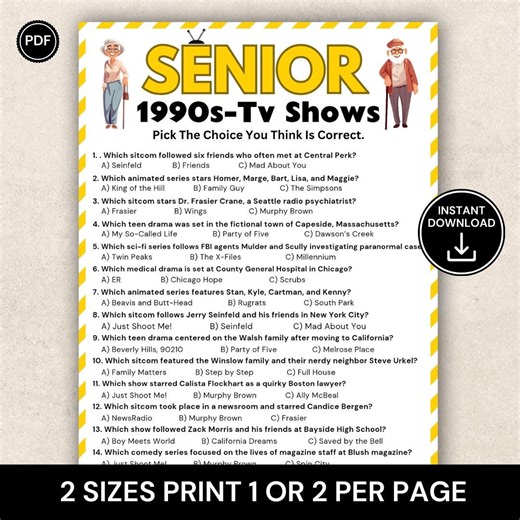 Senior 1990s TV Shows Trivia Game Printable, Classic TV Quiz for Seniors, Nursing Home Activity, Vintage Television Trivia, Memory Game - Etsy