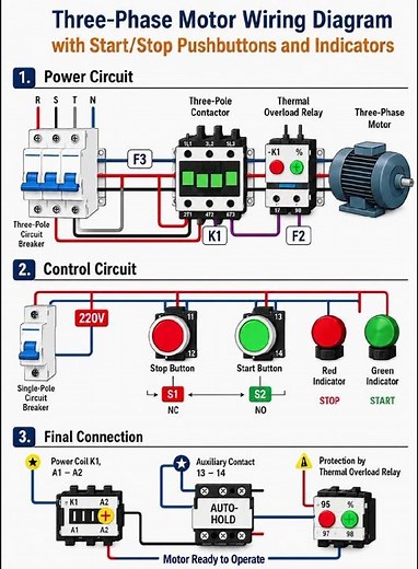 Three-Phase Motor Wiring Diagram with Start/Stop Push Buttons and Indicator Lights | Complete Motor