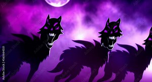 wolves howling at the moon on a purple foggy night zooming animation