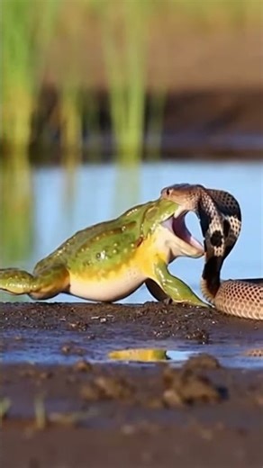 An Unexpected Wetland Standoff: Cobra and Bullfrog🐍