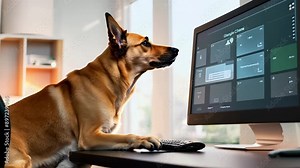 A dog is sitting on a chair in front of a computer monitor. The dog is looking at the monitor, which is displaying a graph. Concept of curiosity and interest in the dog