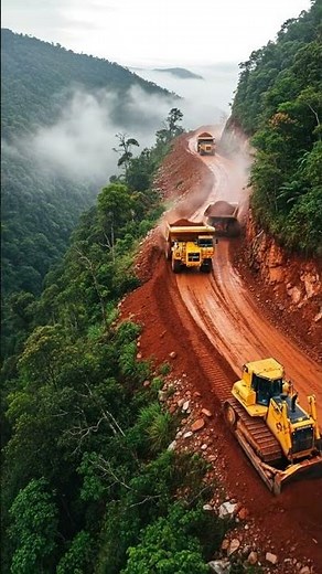 Dangerous Mountain Road Construction – Bulldozers & Dump Trucks Working on Extreme Cliffside!