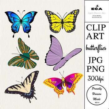 6 Rainbow Butterflies JPG PNG transparent background Clip Art Set Commercial Use