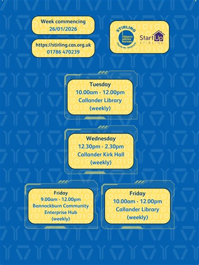 Here are our outreach dates for week commencing 26th January 2026. We will be at these locations offering CAB services. We look forward to seeing you 🙂 #Outreach #Stirling #Stirlingshire #CitizensAdvice #StartUpStirling #Callander #Bannockburn #Advice