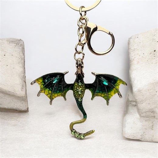 Fantasy Rhinestone Dragon Keychain: Green and Golden Mythical Bag Charm - Etsy