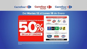 En Carrefour tenés ✨¡7 días de ofertas!✨. Del 12 al 18 de enero aprovechá en Hiper, Market y Carrefour.com.ar: 🔹 80% de descuento en la segunda unidad de marcas elegidas. 🔹 50% de descuento en la segunda unidad de marcas elegidas. 🔹 Jamón cocido feteado a $129 x200g. Conocé todas las promos acá 👉 http://bit.ly/38kPHAY | Carrefour