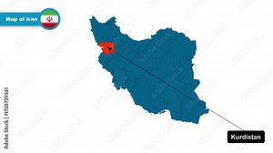 Kurdistan Map Video, Iran map, Political Map of Iran, with all states, national flag and borders, travel, education, geography, and global studies.