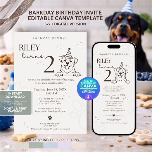Rottweiler Dog Birthday Invitation Template, Editable Canva Puppy Party Invite, Printable 5x7 Card & Mobile Digital Invite