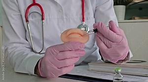 Injection procedure for lip augmentation, close-up. The cosmetologist slowly and carefully injects filler lips