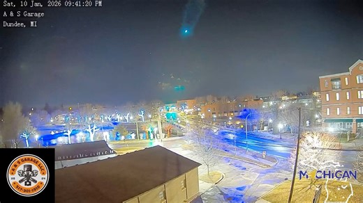 METEOR! We have confirmation on a meteor that occurred at 9:41pm tonight! Checking our weather cameras across the state, early indications are that it broke apart in a broad area of Lansing. Our southern Michigan cameras show it to the north, but our weather cameras north of I-96 show it overhead or slightly south. We are working to gather more information! Camera sponsored by A & S Garage Llc in Dundee, MI 1/10/26 | Michigan Storm Chasers