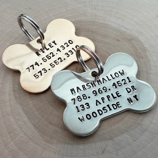 Bone Dog Id Tag / Unique Pet Tags/ Hand Stamped Pet Tags / Gold Bone Tag / Gold Dog Id Tag / Personalized Dog Tag / Address Tag / Phone Tag - Etsy