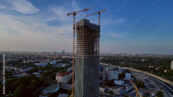 Construction site of the estrel tower in berlin 2024, with cranes and cityscape in the background. Perfect aerial view flight speed ramp hyper motion time lapse