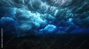 Underwater view of tube wave breaking over coral reef with spinning vortex. powerful nature, strong wave. slow motion 4k.