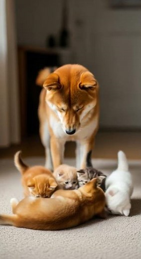 A Shiba Inu standing protectively behind four playful kittens and a puppy lying on its back.