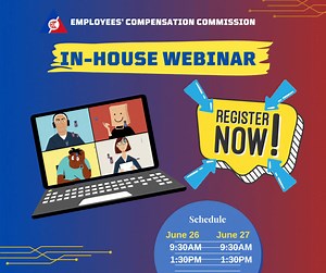 𝑭𝑹𝑬𝑬 𝑾𝑬𝑩𝑰𝑵𝑨𝑹! Learn about: 1. Employees’ Compensation Program 2. Compensability of Diseases 3. Compensability of Injuries 4. Benefits and services under the EC Program To register, please accomplish the online pre-registration form, 𝐉𝐮𝐧𝐞 𝟐𝟔 Time: 9:30 AM - 11:30 AM Target Sector: Kasambahay Registration Link: https://forms.gle/A4n9iSiN985yc7wY6 Time: 1:30 PM - 3:30 PM Target Sector: Government Sector Registration Link: https://forms.gle/7QfEfxtckL1BL8We8 𝐉𝐮𝐧𝐞 𝟐𝟕 Time: 9:30