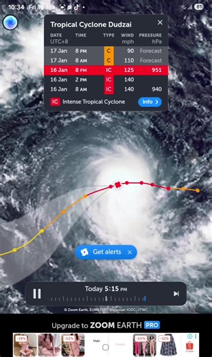 This is a dangerous system. Possible risks include damaging winds, heavy rainfall, storm surge, rough seas, mudslides, and flash flooding. Information provided by JTWC Wind speeds and categorizations may differ from those reported by local meteorological agencies. Dudzai is located 1124 km south-southwest of Diego Garcia, and has tracked west-southwestward at 17 km/h (9 knots) over the past 6 hours. Minimum central pressure at 16/12:00 UTC is 951 hPa. Maximum significant wave height is 9.8 meter