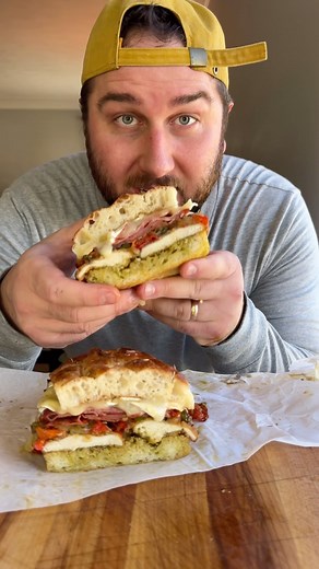 12K views · 77 reactions | ️索 When you have homemade focaccia you make fire sandwiches! Check out this heater cutlet sando! Crispy chicken cutlets with basil and arugula pesto, chili onion honey jam, spicy Capicola, melted brie and balsamic on homemade focaccia bread. #fire #chicken #cutlet #sandwich #sandwiches #family #focaccia #flavor #spicy #family | Mike Kubiesa | Facebook