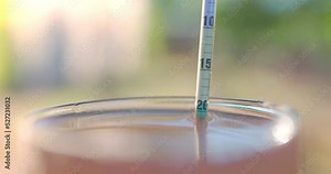 Winegrower placing hydrometer in glass cup for a test of grape juice. Checking alcohol of wine with wine alcohol meter.