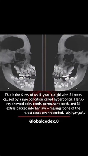 GlobalCodeX on Instagram: "Hyperdontia is a rare condition where a person develops more teeth than normal. Humans usually have: • 20 baby (deciduous) teeth as children • 32 permanent teeth as adults But in this extraordinary medical case, an 11-year-old girl was diagnosed with multiple hyperdontia. Her X-ray revealed: • 18 baby teeth (still present at her age) • 32 permanent teeth (already developing) • 31 supernumerary teeth (extra, abnormal ones) That made a total of 81 teeth inside her mouth 