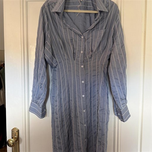 Striped button up mini dress with cinch waist... | Depop