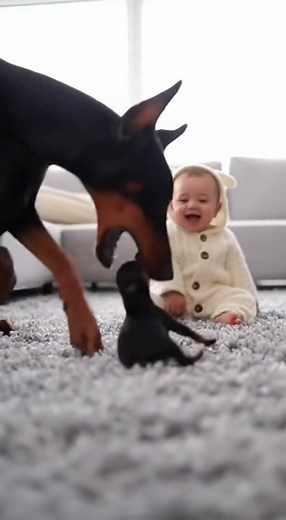 27K views · 49 reactions | This Doberman's Dramatic Act For The Baby Is Everything!  (AI) | Creative Panda | Facebook
