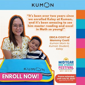 Early success in reading and math builds confidence for a lifetime! Mommy Costi proudly shares how her son Kellan, enrolled for over two years in Kumon, has mastered reading and excelled in math at a young age. With the Kumon method, kids build confidence and skills at their own pace. Want this for your child? Join our Midyear New Student Festival, now EXTENDED until July 20, 2025! ✅ Get ₱550 off on registration fee ✅Free diagnostic test ✅Free Kumon bag ✅Special gift for early learners or presch