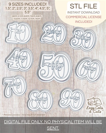 TENS Number Cookie Cutter Bundle STL | 10, 20, 30 to 90 | Script Numbers | Digital Download-commercial License Included - Etsy