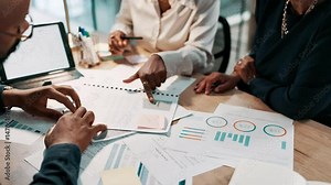 Business, hands and people with documents in office for data analysis, company report or performance review. Financial analyst, team and paperwork for finance forecasting, budget planning or strategy