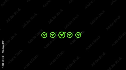 Five green checkmarks in a row on a black background with varying shades of green check mark checklist