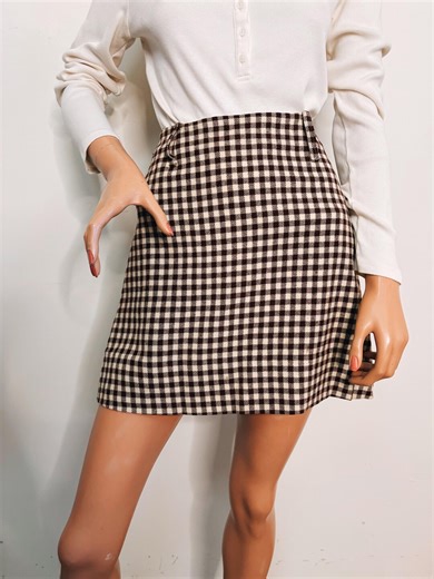 Vintage Plaid Mini Skirt 60s Brown Cream Check High Waisted A Line Mini Skirt Wool Feel M L - Etsy