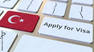 APPLY FOR VISA text and flag of Turkey on the buttons on the computer keyboard. Conceptual 3D animation