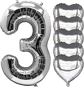 Number 3 Balloons 40 inch Silver Extra Large Big Foil Giant Jumbo Helium Mylar Metallic Number Balloon with Straw and Heart Shaped Balloons for Third 3rd Birthday Party Decorations