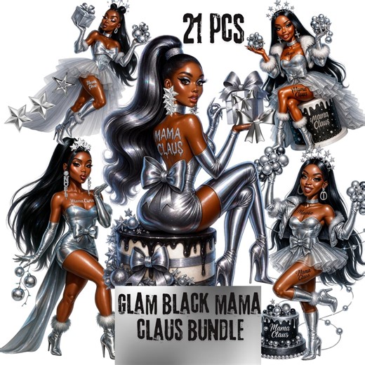 Glam Black Mama Claus Bundle,afro Glam Christmas Woman Png,silver Holiday Fashion Clipart,luxury Xmas Diva Transparent Background,arfo Mom - Etsy